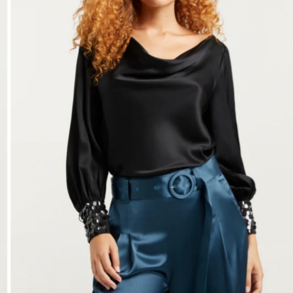 Cinq A Sept Black Silk Sequin Cuff Taylee Top Longsleeve Blouse Size Small